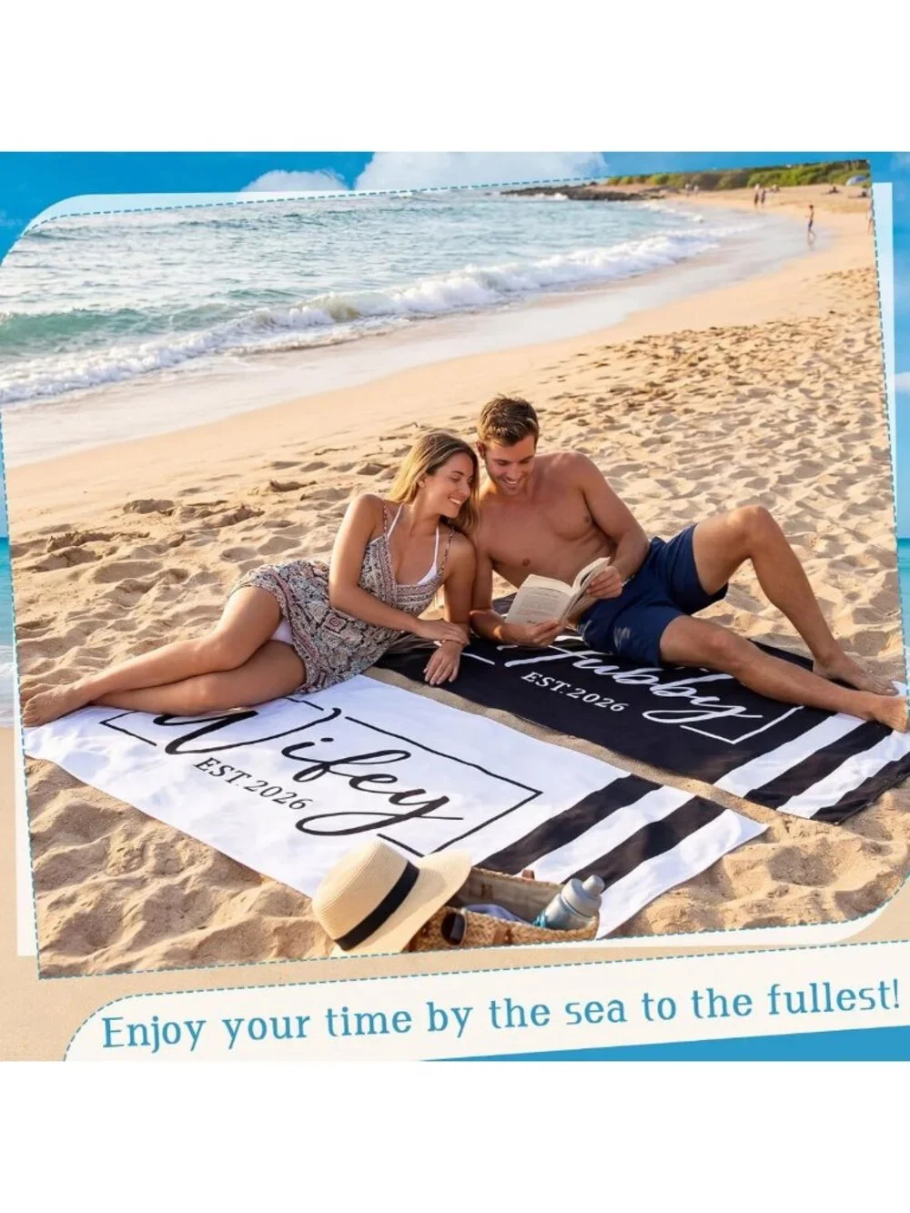 Set of 2 Wifey Hubby Beach Towels - Classic Mr & Mrs Design for Summer Fun